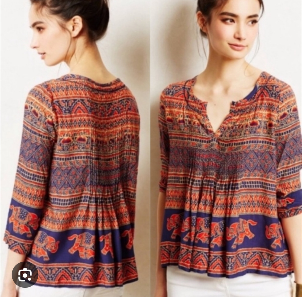 Anthropologie Vanessa Virginia Boho Elephant Peasant Top